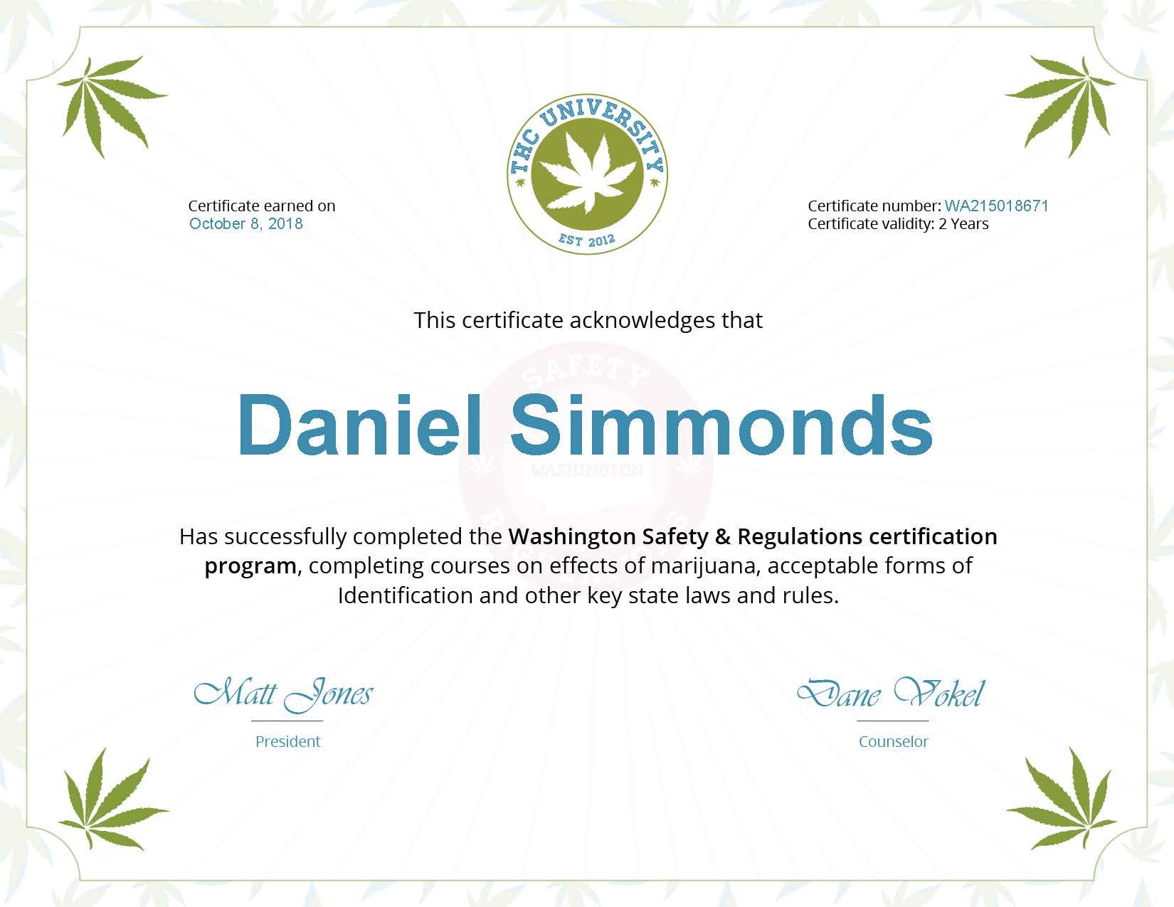 Certification - Daniel Simmonds