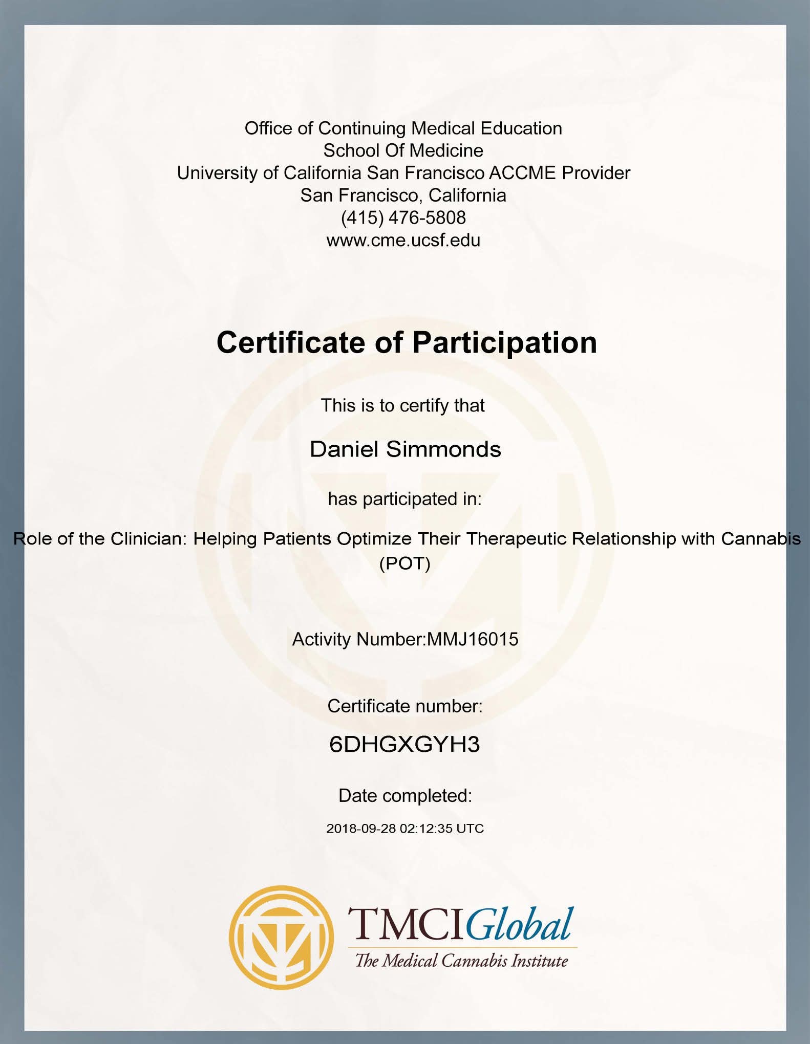 Certification - Daniel Simmonds