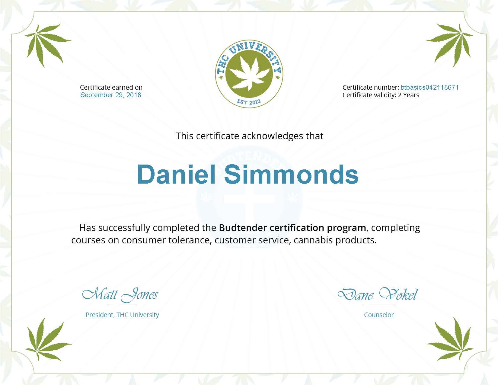 Certification - Daniel Simmonds